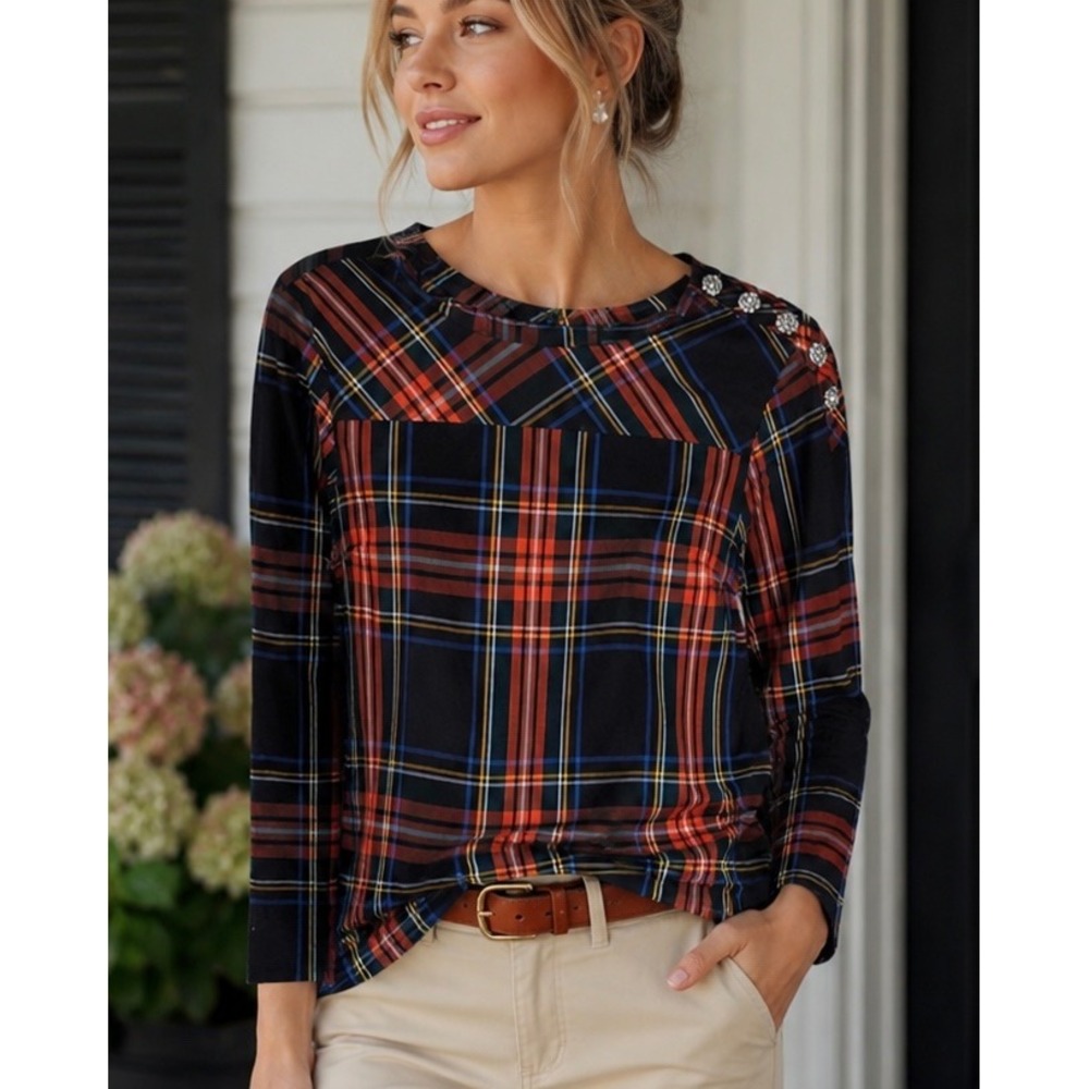 J.Crew Blackā Multi Plaid Rhinestone Shoulder Blouse Holiday Festive Preppy